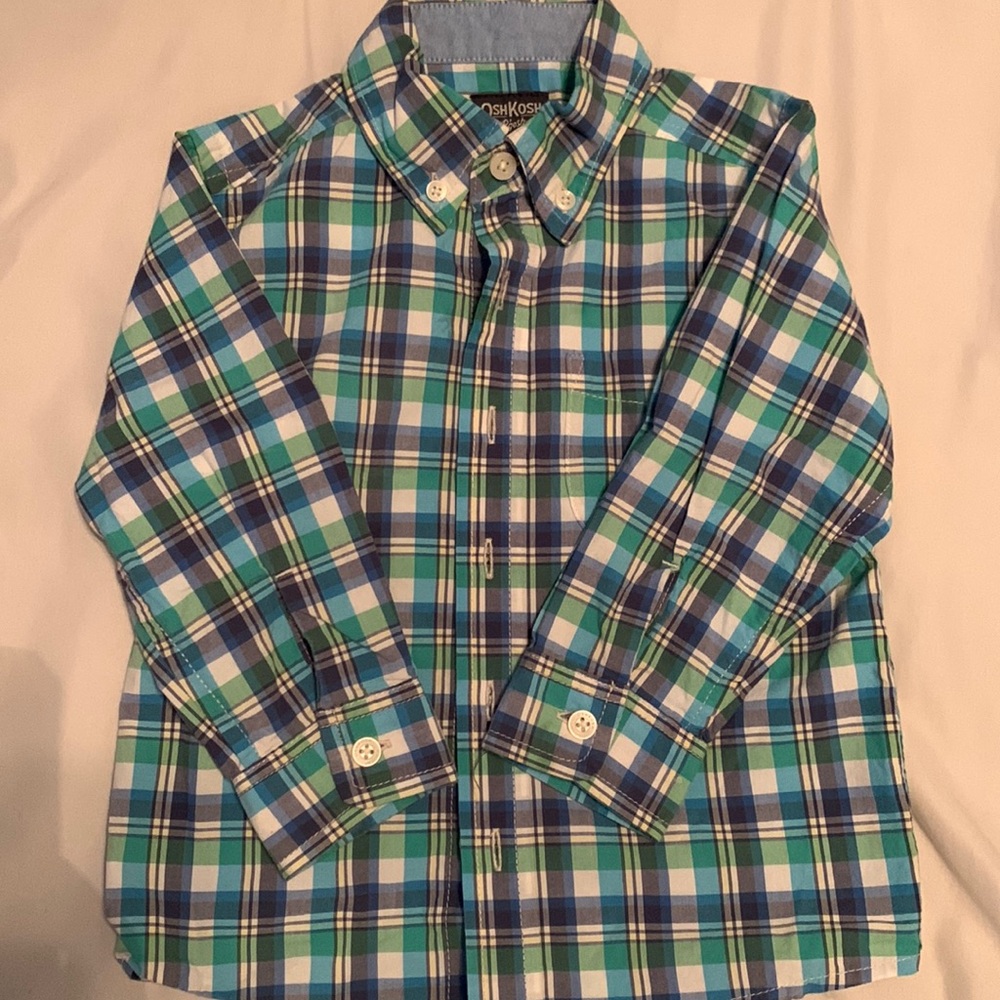 OshKosh B’gosh Boys 2T Green & Blue Plaid Button Down Shirt